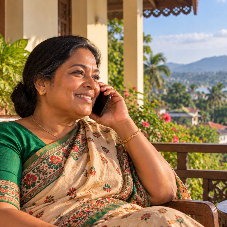 A woman in Sylhet smiling as she answers her phone