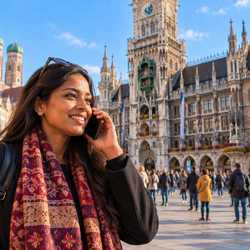 A caller in Germany smiling as they talk on the phone