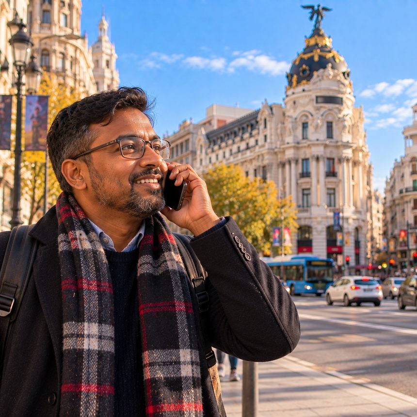 A caller in Spain smiling as they talk on the phone
