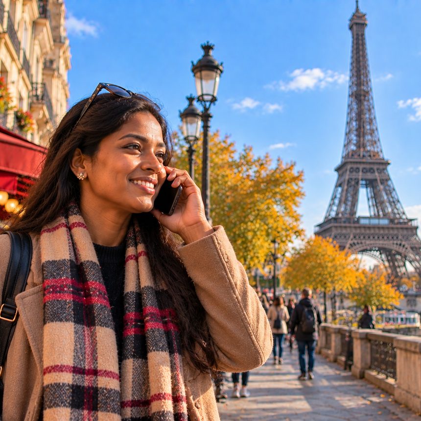 A caller in France smiling as they talk on the phone