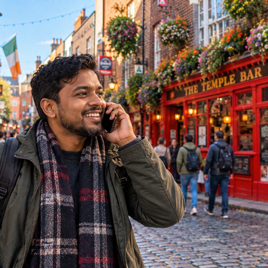 A caller in Ireland smiling as they talk on the phone