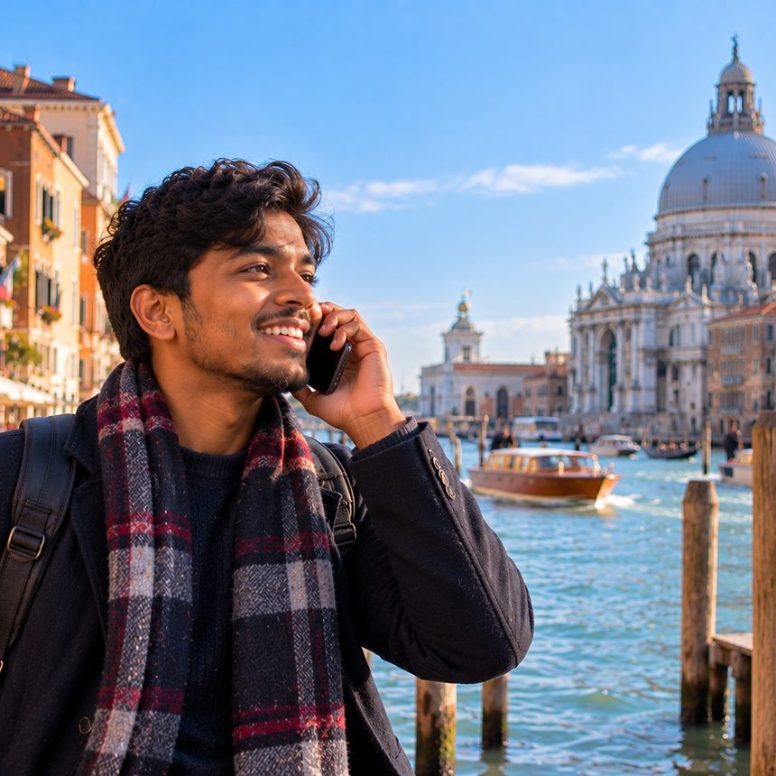 A caller in Italy smiling as they talk on the phone